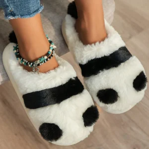 Chaussons en Fourrure Mule Noir et Blanc pour femme