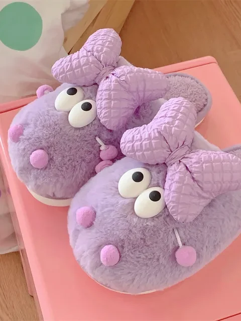 Chausson Peluche Mignon Nœud Papillon Violet